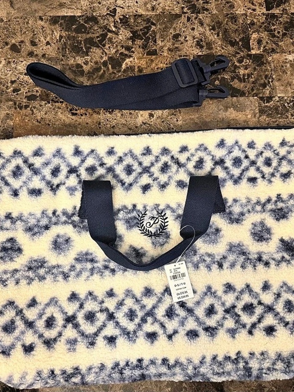 Victoria's Secret  Geometric Fleece Tote in Blue & Cream NWT